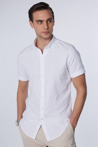Tudors Slim Fit Kısa Kollu Düğmeli Yaka Düz Yazlık Keten Efekt Beyaz Erkek Gömlek-30965-beyaz Beyaz
