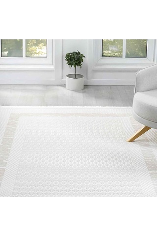 Krem Bej Geometrik Desenli Modern Halı - Ng511bv Beyaz
