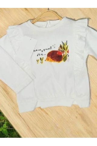 Çikoby Kız Bebek Pamuklu İnce Uzun Kollu Kirpi Desenli Bluz-14898 Ekru