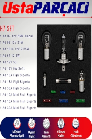 H7 Acil Yol Seti 12v Araç Ampul Ve Sigorta Seti Far Stop Park Sofit Ampul + Blade Sigorta Seyahat Güvenlik Kiti