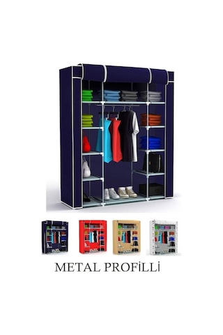Beyazpazar Metal Profilli Bez Dolap Gardırop Portatif Dolap Lacivert