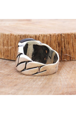 925 Ayar Gümüş Parça Detaylı Siyah Oniks Taşlı Erkek Yüzük