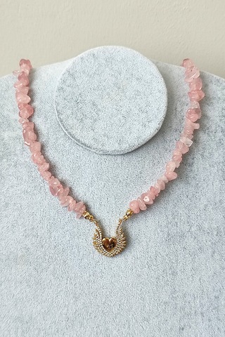 Pembe Kuvars Kalp Kırıktaş Kolye 046 - Pembe