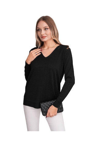 Kadın V Yaka Simli Kazak 12809 Bgl-st04106 Siyah