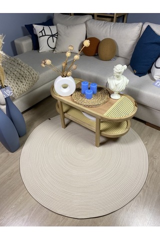 Jüt Yuvarlak Hasır Görünümlü Klasik Halı Kilim Krem