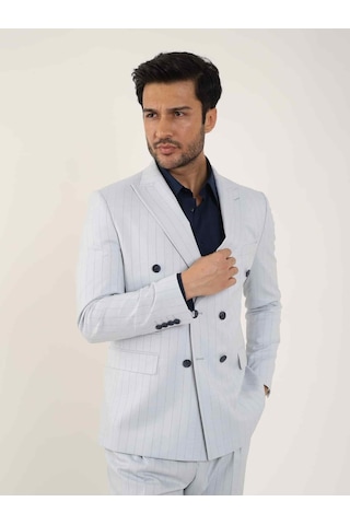 Dufy Mavi Erkek Slim Fit Çizgili Kruvaze Yaka Takım Elbise - 104425-mavi Mavi