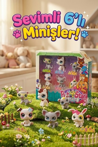 Little Pet Star Sevimli 6'lı Miniş Figür Seti - Kedi Köpek Tavşan Karışık Hayvanlar Oyuncak Paket Hayvanlar