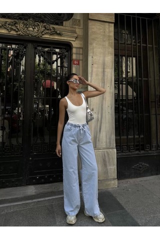 Kadın Arkadan Yırtmaçlı Jeans Kot Palazzo Pantolon - Mavi Mavi