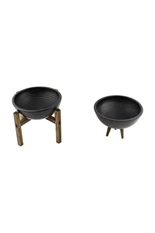 İkili Set Siyah Granit 20 Cm Çapında 3-4 Ayaklı Bitki Saksısı