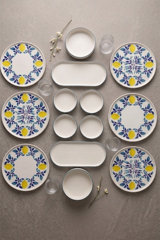 Limon 14 Parça 6 Kişilik Stackable Seramik Tabak Seti Premium Sunum & Kahvaltı Takımı Beyaz