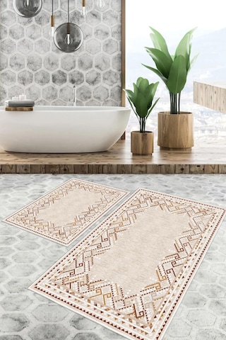Dijital Baskı Kilim Desen Kaymaz Taban 2li Set Banyo Paspası Klozet Takımı 50x60cm-60x100cm Krem
