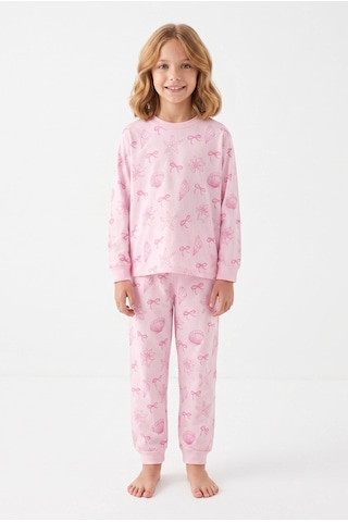 Bunny Hopp Kız Çocuk Pembe Deniz Kabuğu Ve Kurdele Desenli Uzun Kollu Pijama Takımı %100 Pamuk Süprem