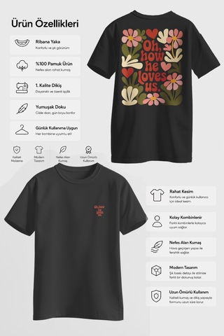 Spoyi Retro Love Tasarımlı %100 Pamuk Yarım Oversize Siyah T-shirt