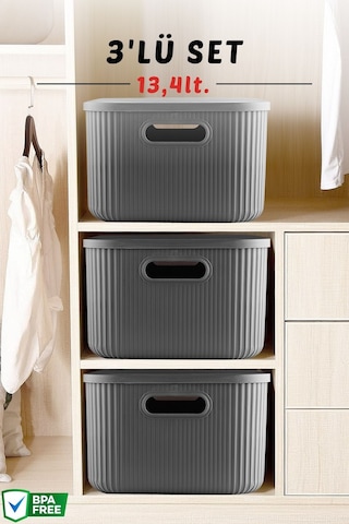 3'lü Set Çok Amaçlı Düzenleyici Depolama Kutusu Antrasit 13,4lt