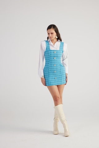 Holly Lolly Metal Düğme Detaylı Mini Tüvit Tweed Elbise Mavi