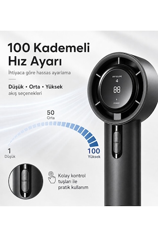 100 Kademeli Dijital Göstergeli Şarjlı El Fanı Taşınabilir Yüksek Hızlı Mini Vantilatör Siyah