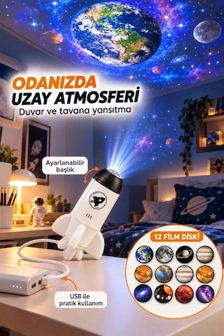 Kargo 12 Film Diskli Roket Galaksi Projektörü Usb Tak Çalıştır Uzay Ve Gezegen Projeksiyon Gece Lambası Najmaddin