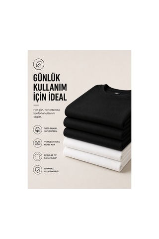 Masion Rae Erkek 5'li Basic Tişört Seti Regular Fit Bisiklet Yaka %100 Pamuk 30/1 Süprem Siyah-siyah-siyah-beyaz-beyaz