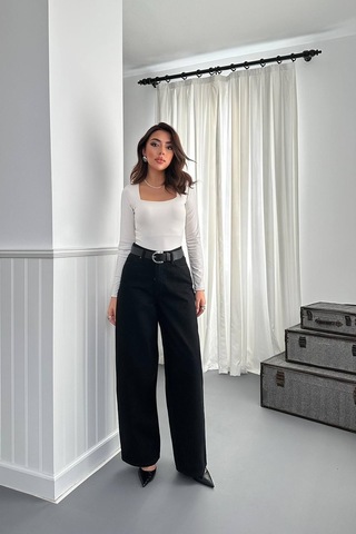 Alemdarshop Siyah Geniş Paça Jeans Pantolon