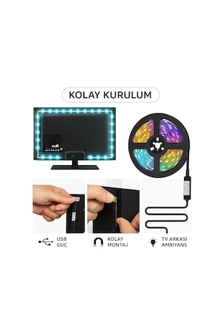 Monitör Ve Tv Arkası 3 Metre Rgb Şerit Led Seti - Cata Usb Bağlantılı, Uzaktan Kumandalı, 352 Renk Seçenekli Amb Çok Renkli