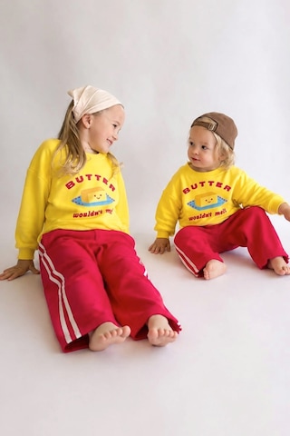 Monila Unisex Çocuk Baskılı Sarı Sweatshirt Ve Kırmızı Eşofman Alt Üst Takım