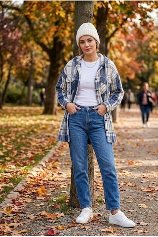 Polologin Butik Kapüşonlu Ekose Oduncu Gömlek Ceket - Mavi/ekru Mavi