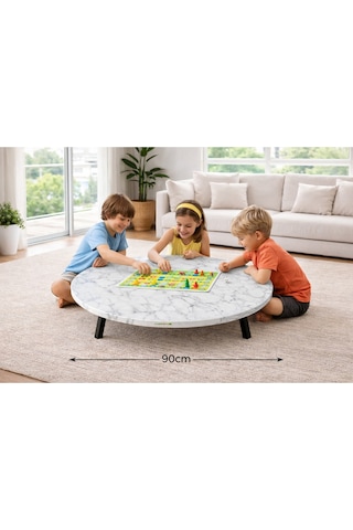 90 Cm Çap - Beyaz Desenli Katlanabilir Yer Sofrası - Oyun Masası - 21 Cm Yükseklik Beyaz Mermer