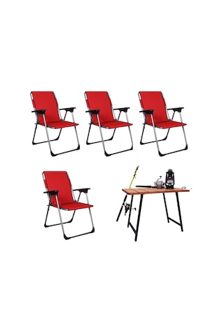Alin Metal Lüks 4 Lü Katlanır Sandalye Ve Masa Seti Kirmizi Kırmızı