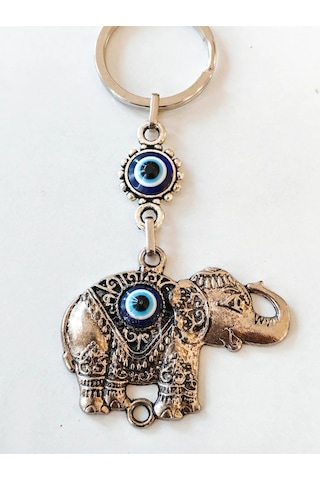 Nazar Boncuklu Fil Metal Anahtarlık