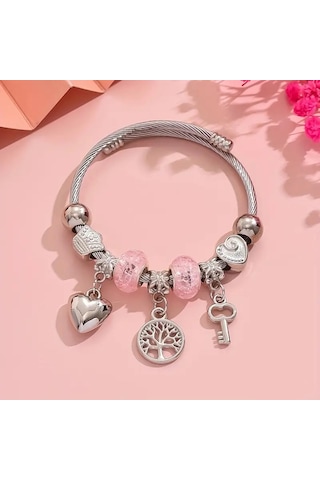Pembe Aşk Hayat Ağacı Charmlı Bileklik Gümüş