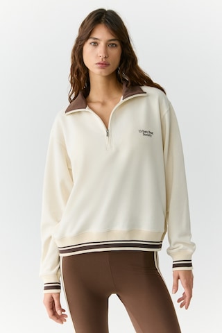 Urban Beat Natan Kadın Dik Yakalı Fermuarlı Baskı Detaylı Relaxed Ekru Sweatshirt Ekru