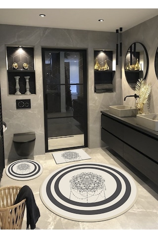Madalyon, Dokuma Taban, Yuvarlak Banyo Halısı 100x100-60x60-40x60 Krem - Gri