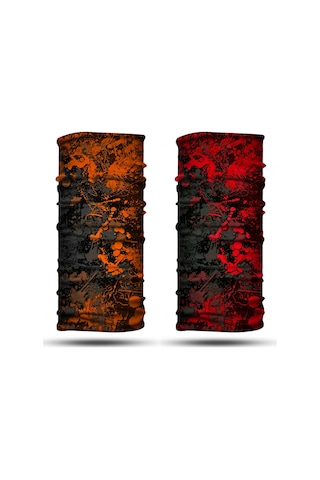 Dair Turuncu Kırmızı Boya Desenli 2'li Set Boyunluk Bandana Outdoor Balaklava Yüz Maskesi Kafa Bandı