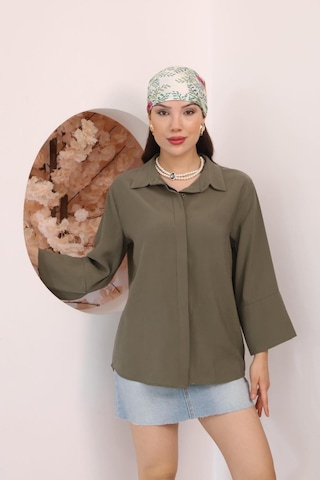 Kadın Slim Fit Dar Kesim Vücuda Oturan Uzun Kollu Haki Gömlek