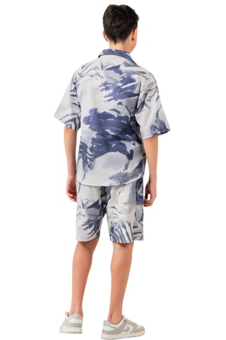 Erkek Çocuk Batik Desenli Mavi Gömlek Şort Oversize İkili Takım