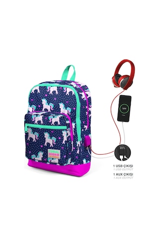 Coral High İlkokul Çanta Seti - Usb Ve Aux Çıkışlı Kız Çocuk Pembe Mavi Unicorn