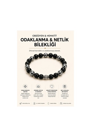 Leyan Doğaltaş Obsidyen Hematit Doğal Taş Bileklik 8 Mm Unisex El Yapımı Siyah Siyah