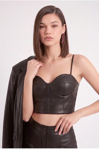 Cemo Deri İnce Askılı Büstiyer Crop Top Siyah