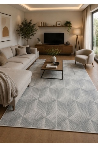 Kaymaz Taban Yıkanabilir Yumuşak Dokulu Modern Geometrik Gri Salon Halısı