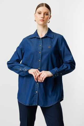 Ekol Kadın Büyük Beden Kelebek İşlemeli Gömlek 3502 Indigo İndigo