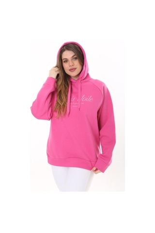 Kadın Büyük Beden Bebe Mavisi İçi Şardonlu 3 İplik Kumaş Kapşonlu Sweatshirt 65n37575-pembe Pembe
