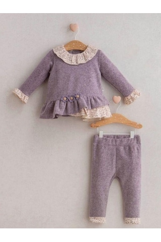 Kız Bebek Çiçek Desenli 2 Li Takım-15268 Mor