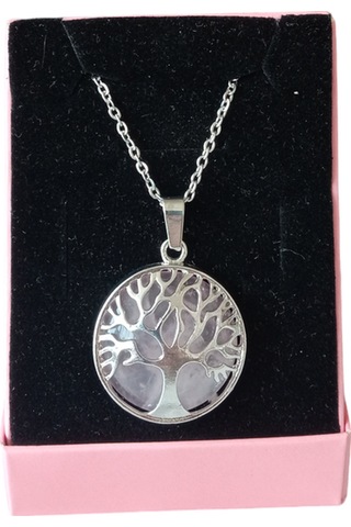 Pembe Kuvars Doğal Taşlı Çelik Kolye - Kadın Pembe