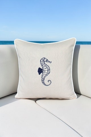 Kırlent Kılıfı 45x45 3'lü Set Marin Nakışlı Deniz Atı Desen Su İtici Outdoor Keten Tekne Bahçe Krem
