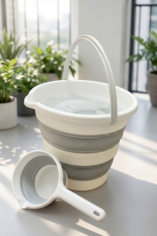 Katlanır Silikon Kova Ve Maşrapa Seti 12 Litre Yer Kaplamayan Kamp Banyo Ev Bahçe Kovası Açık Gri