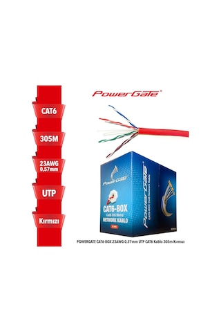 Powergate Cat6-box-re, 23awg, 0,57mm, Utp, Cat6 Kablo, 305m, Kırmızı