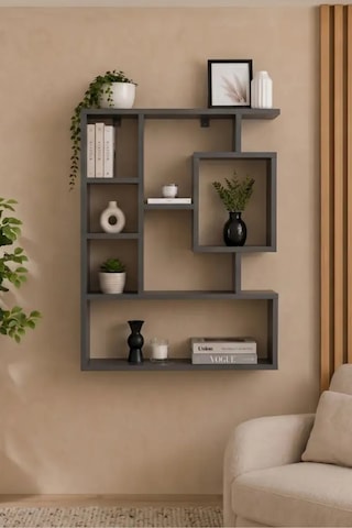 Reyo Enda Home Bigane Büyük Dekoratif Duvar Rafı 70,9 93,6 Cm, Asimetrik Çok Bölmeli Duvara Monte Raf - Antrasit