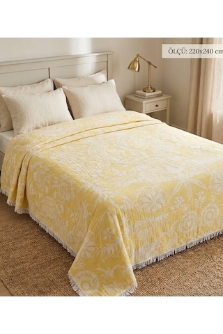 Müslin 220 X 240cm Çift Kişilik Pike Sarı Beyaz - Sarı