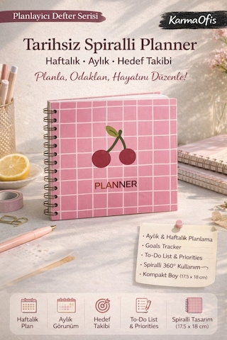 Pembe Kareli Kiraz Desenli Spiralli Tarihsiz Planner Haftalık & Aylık Planlayıcı Defter, 17.5x18 Cm Diğer
