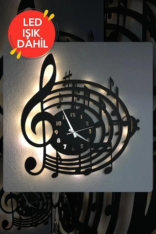 Led Işıklı Ahşap Müzik Duvar Saati Sessiz Dekoratif Modern Siyah